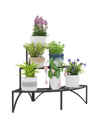 Outsunny Three-Tier Corner Metal Plants Shelves - Black
