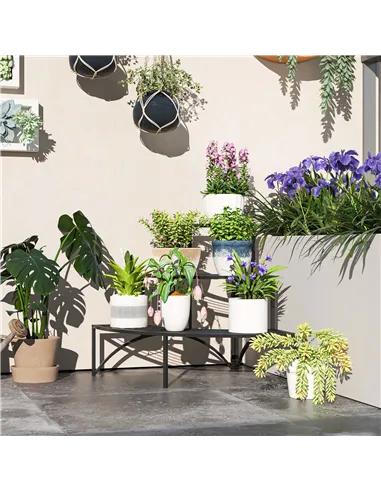 Outsunny Three-Tier Corner Metal Plants Shelves - Black