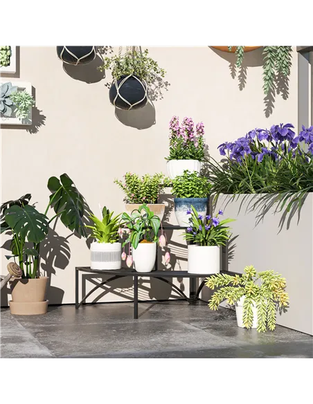 Outsunny Three-Tier Corner Metal Plants Shelves - Black