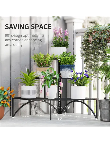 Outsunny Three-Tier Corner Metal Plants Shelves - Black
