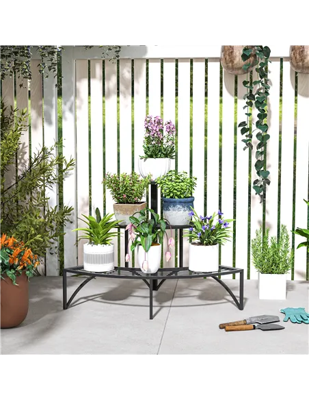 Outsunny Three-Tier Corner Metal Plants Shelves - Black