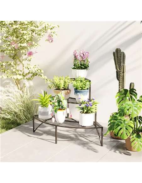 Outsunny Three-Tier Corner Metal Plants Shelves - Black