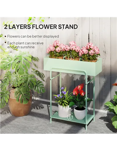 Outsunny 2 Tier Plant Stand, Metal Plant Rack Shelf with Drain Holes, Floor-standing Flower Pot Stand for Indoor Outdoor Garden 