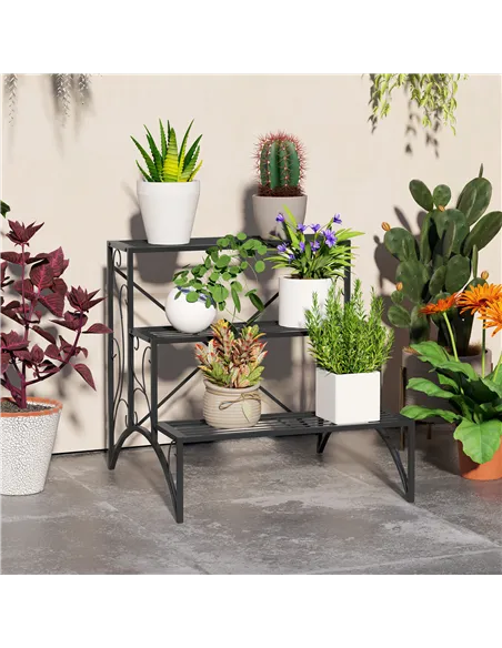 Outsunny Three-Tier Decorative Metal Plant Stand - Black