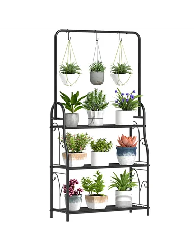 Outsunny 3 Tier Plant Stand with Hanging Rod and Hooks, Metal Plant Rack Shelf, Ladder Flower Pot for Indoor Outdoor Porch Balco