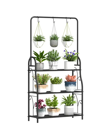 Outsunny 3 Tier Plant Stand with Hanging Rod and Hooks, Metal Plant Rack Shelf, Ladder Flower Pot for Indoor Outdoor Porch Balco