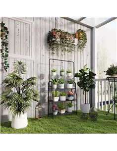 Outsunny 3 Tier Plant Stand with Hanging Rod and Hooks, Metal Plant Rack Shelf, Ladder Flower Pot for Indoor Outdoor Porch Balco 2