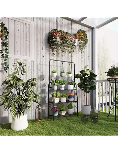 Outsunny 3 Tier Plant Stand with Hanging Rod and Hooks, Metal Plant Rack Shelf, Ladder Flower Pot for Indoor Outdoor Porch Balco