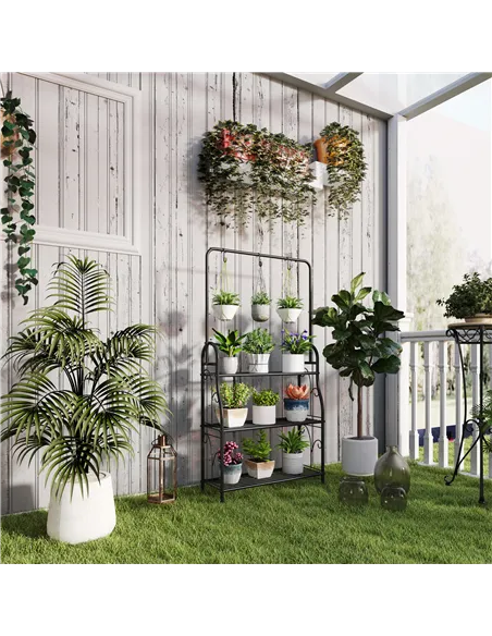 Outsunny 3 Tier Plant Stand with Hanging Rod and Hooks, Metal Plant Rack Shelf, Ladder Flower Pot for Indoor Outdoor Porch Balco