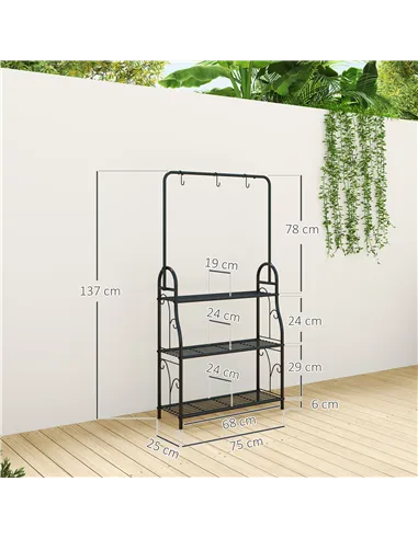 Outsunny 3 Tier Plant Stand with Hanging Rod and Hooks, Metal Plant Rack Shelf, Ladder Flower Pot for Indoor Outdoor Porch Balco
