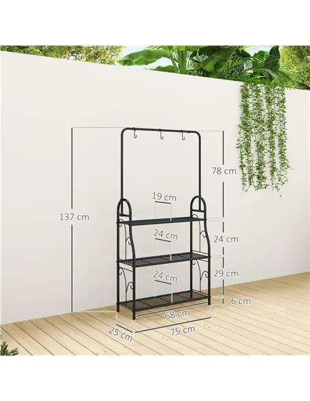 Outsunny 3 Tier Plant Stand with Hanging Rod and Hooks, Metal Plant Rack Shelf, Ladder Flower Pot for Indoor Outdoor Porch Balco