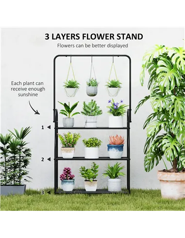 Outsunny 3 Tier Plant Stand with Hanging Rod and Hooks, Metal Plant Rack Shelf, Ladder Flower Pot for Indoor Outdoor Porch Balco