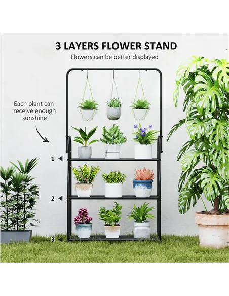 Outsunny 3 Tier Plant Stand with Hanging Rod and Hooks, Metal Plant Rack Shelf, Ladder Flower Pot for Indoor Outdoor Porch Balco
