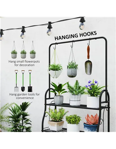 Outsunny 3 Tier Plant Stand with Hanging Rod and Hooks, Metal Plant Rack Shelf, Ladder Flower Pot for Indoor Outdoor Porch Balco