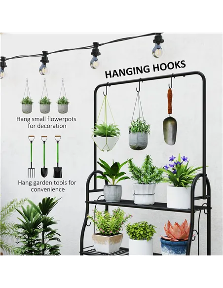 Outsunny 3 Tier Plant Stand with Hanging Rod and Hooks, Metal Plant Rack Shelf, Ladder Flower Pot for Indoor Outdoor Porch Balco