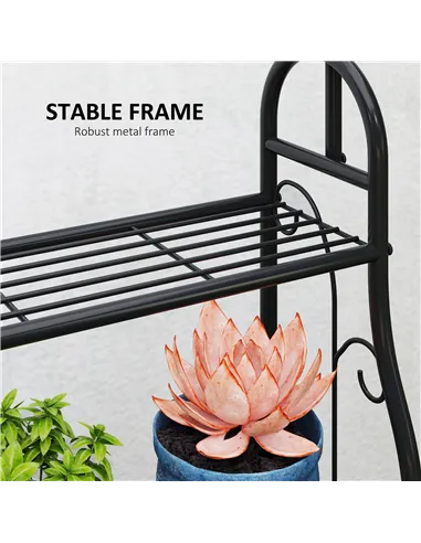Outsunny 3 Tier Plant Stand with Hanging Rod and Hooks, Metal Plant Rack Shelf, Ladder Flower Pot for Indoor Outdoor Porch Balco