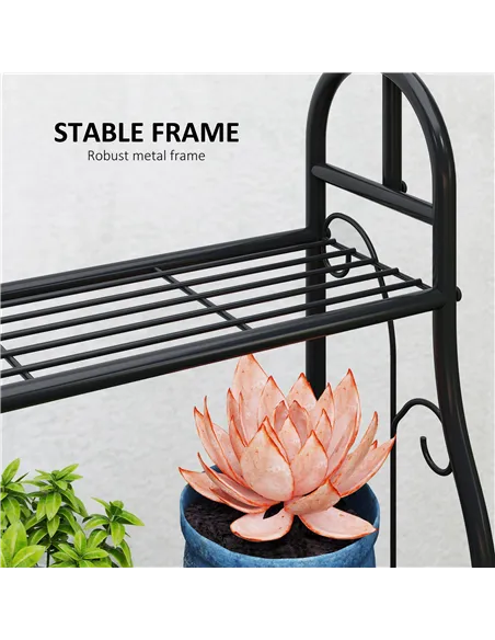 Outsunny 3 Tier Plant Stand with Hanging Rod and Hooks, Metal Plant Rack Shelf, Ladder Flower Pot for Indoor Outdoor Porch Balco