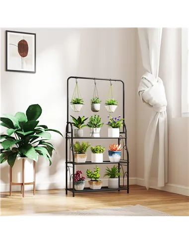 Outsunny 3 Tier Plant Stand with Hanging Rod and Hooks, Metal Plant Rack Shelf, Ladder Flower Pot for Indoor Outdoor Porch Balco