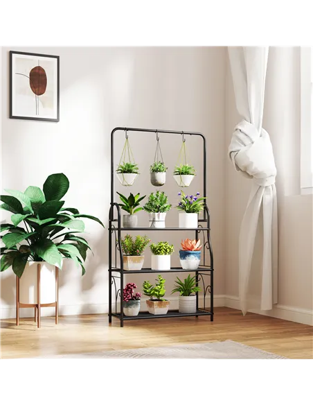 Outsunny 3 Tier Plant Stand with Hanging Rod and Hooks, Metal Plant Rack Shelf, Ladder Flower Pot for Indoor Outdoor Porch Balco
