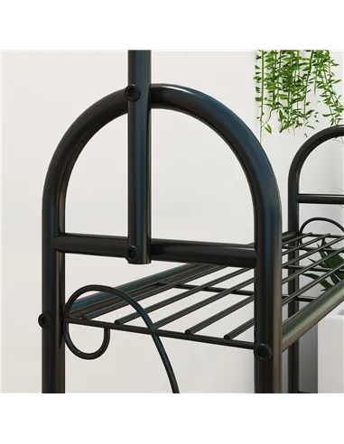 Outsunny 3 Tier Plant Stand with Hanging Rod and Hooks, Metal Plant Rack Shelf, Ladder Flower Pot for Indoor Outdoor Porch Balco