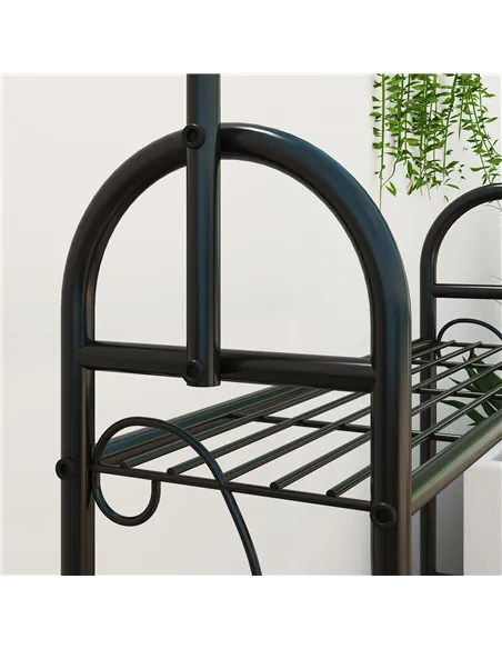 Outsunny 3 Tier Plant Stand with Hanging Rod and Hooks, Metal Plant Rack Shelf, Ladder Flower Pot for Indoor Outdoor Porch Balco