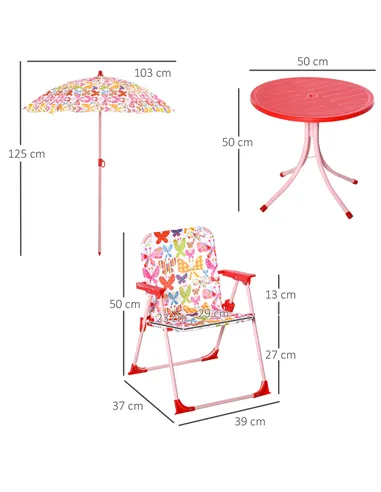 Outsunny Kids Outdoor Bistro Table and Chair Set Butterfly Pattern Garden Patio Backyard with Removable & Height Adjustable Para