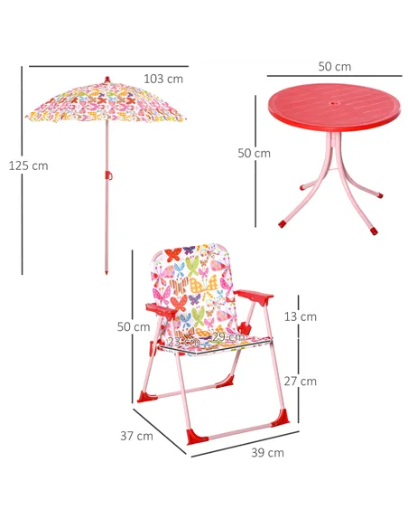 Outsunny Kids Outdoor Bistro Table and Chair Set Butterfly Pattern Garden Patio Backyard with Removable & Height Adjustable Para