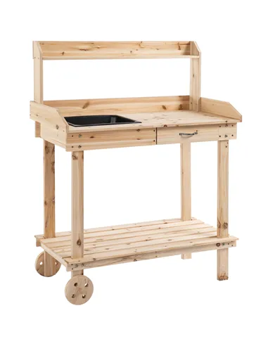 Outsunny Garden Potting Bench Table, Wooden Work Station, Outdoor Planting Workbench with 2 Wheels, Sink, Drawer & Large Storage
