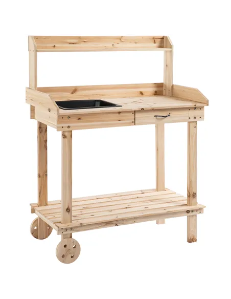 Outsunny Garden Potting Bench Table, Wooden Work Station, Outdoor Planting Workbench with 2 Wheels, Sink, Drawer & Large Storage