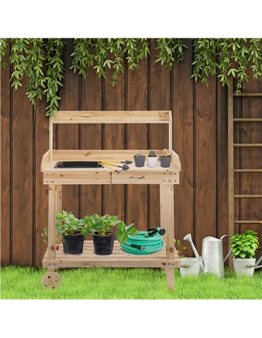 Outsunny Garden Potting Bench Table, Wooden Work Station, Outdoor Planting Workbench with 2 Wheels, Sink, Drawer & Large Storage