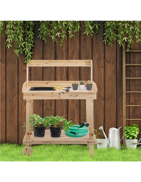 Outsunny Garden Potting Bench Table, Wooden Work Station, Outdoor Planting Workbench with 2 Wheels, Sink, Drawer & Large Storage