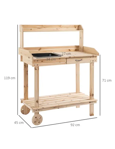 Outsunny Garden Potting Bench Table, Wooden Work Station, Outdoor Planting Workbench with 2 Wheels, Sink, Drawer & Large Storage