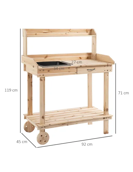 Outsunny Garden Potting Bench Table, Wooden Work Station, Outdoor Planting Workbench with 2 Wheels, Sink, Drawer & Large Storage