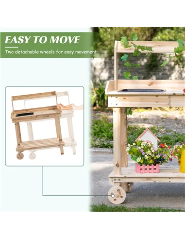 Outsunny Garden Potting Bench Table, Wooden Work Station, Outdoor Planting Workbench with 2 Wheels, Sink, Drawer & Large Storage