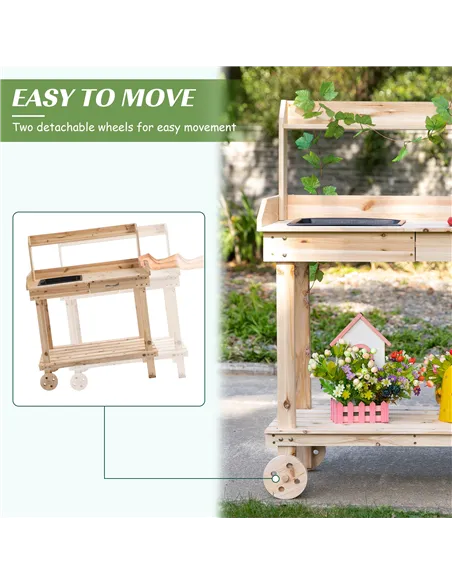 Outsunny Garden Potting Bench Table, Wooden Work Station, Outdoor Planting Workbench with 2 Wheels, Sink, Drawer & Large Storage