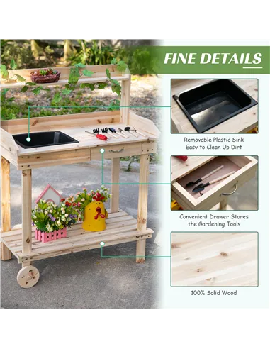 Outsunny Garden Potting Bench Table, Wooden Work Station, Outdoor Planting Workbench with 2 Wheels, Sink, Drawer & Large Storage