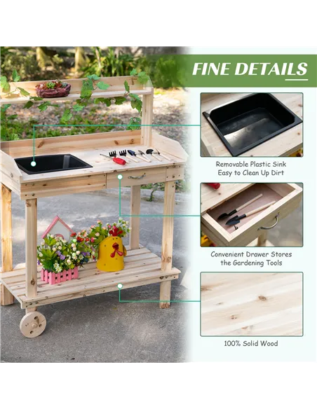 Outsunny Garden Potting Bench Table, Wooden Work Station, Outdoor Planting Workbench with 2 Wheels, Sink, Drawer & Large Storage