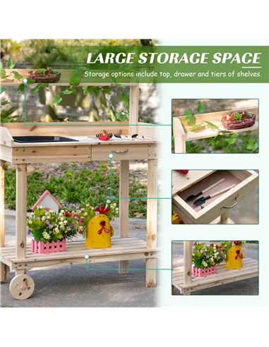 Outsunny Garden Potting Bench Table, Wooden Work Station, Outdoor Planting Workbench with 2 Wheels, Sink, Drawer & Large Storage