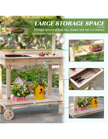 Outsunny Garden Potting Bench Table, Wooden Work Station, Outdoor Planting Workbench with 2 Wheels, Sink, Drawer & Large Storage