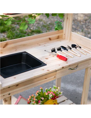 Outsunny Garden Potting Bench Table, Wooden Work Station, Outdoor Planting Workbench with 2 Wheels, Sink, Drawer & Large Storage