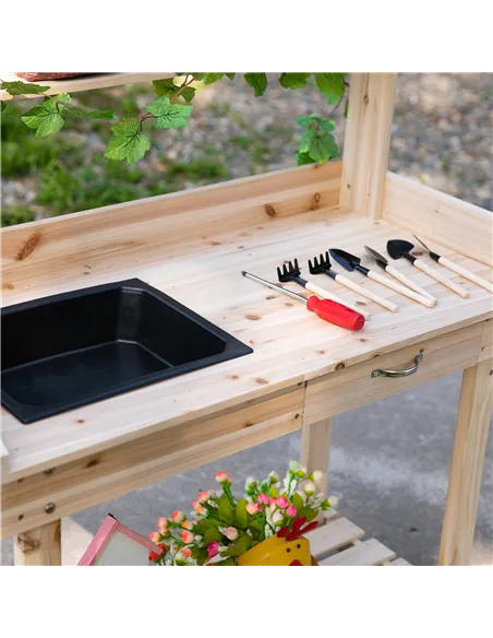 Outsunny Garden Potting Bench Table, Wooden Work Station, Outdoor Planting Workbench with 2 Wheels, Sink, Drawer & Large Storage