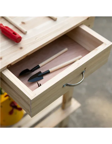 Outsunny Garden Potting Bench Table, Wooden Work Station, Outdoor Planting Workbench with 2 Wheels, Sink, Drawer & Large Storage