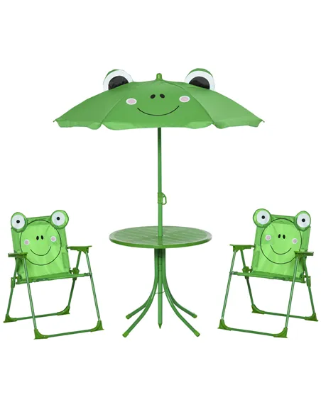 Outsunny Kids Folding Picnic Table Chair Set w/ Parasol, Green