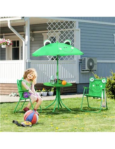 Outsunny Kids Folding Picnic Table Chair Set w/ Parasol, Green