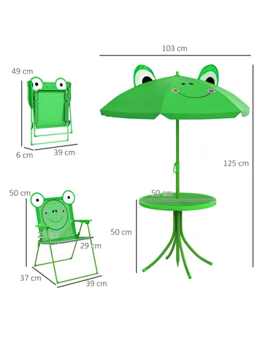 Outsunny Kids Folding Picnic Table Chair Set w/ Parasol, Green