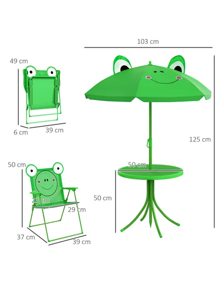 Outsunny Kids Folding Picnic Table Chair Set w/ Parasol, Green