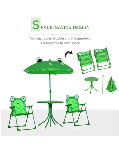 Outsunny Kids Folding Picnic Table Chair Set w/ Parasol, Green
