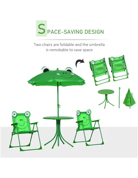 Outsunny Kids Folding Picnic Table Chair Set w/ Parasol, Green