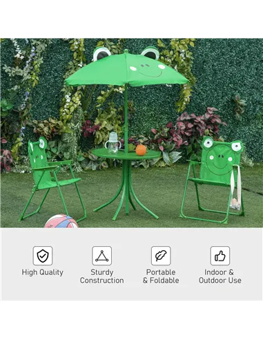 Outsunny Kids Folding Picnic Table Chair Set w/ Parasol, Green