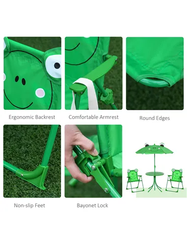 Outsunny Kids Folding Picnic Table Chair Set w/ Parasol, Green